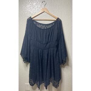 Black Fairy Sheer Dress Womens Large Bell Sleeves Asymmetrical Hem Scoop Neck